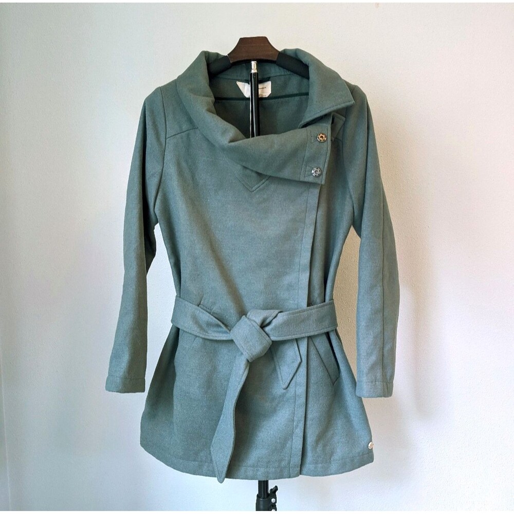Skunkfunk Amaia Womens Asymmetrical Military Green Tie Waist Wrap Cowl Neck Coat